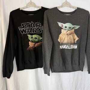2- Star Wars Mandalorian Grogu Baby Yoda Womens Small S Crewneck Grey Black